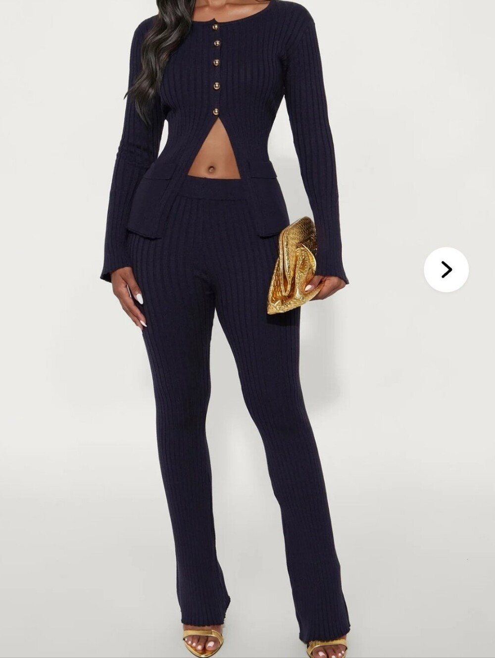 Fashion Nova Dark Navy Ribbed Knit Button-Front 2-piece Pantsuit